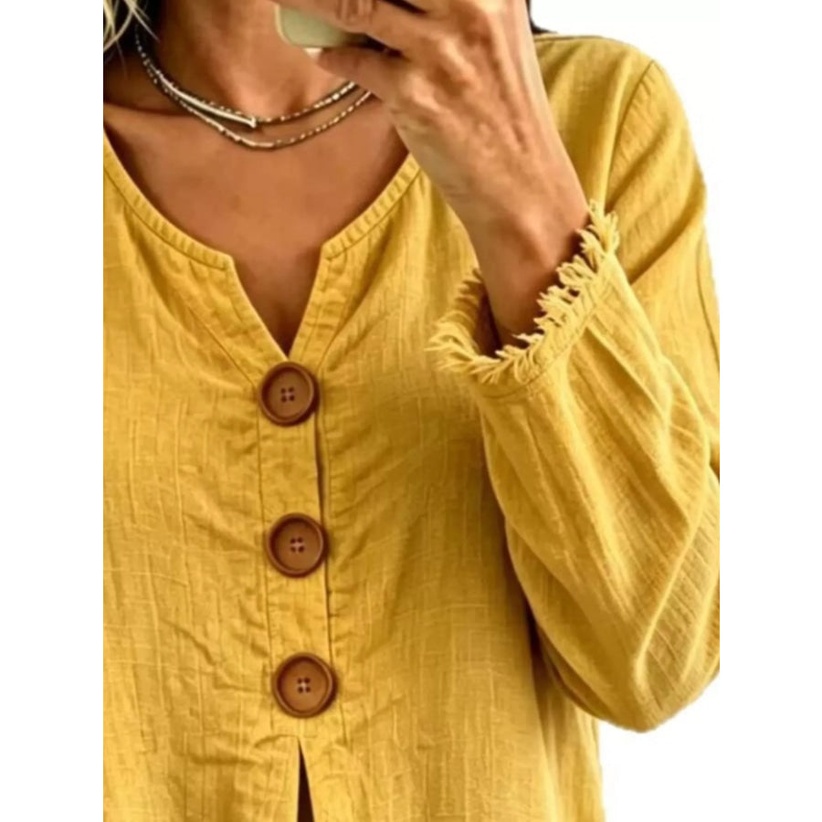 Full Size Frayed Hem Long Sleeve Blouse Plus Apparel and Accessories