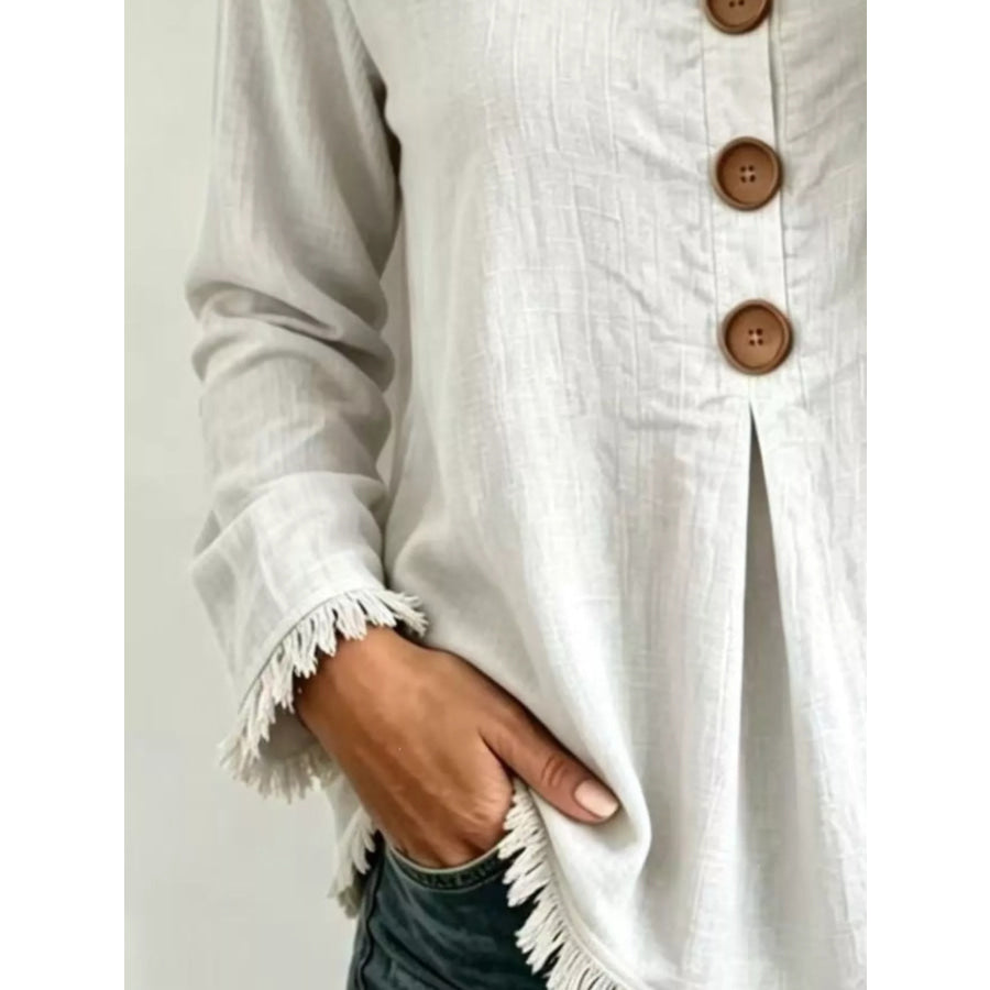Full Size Frayed Hem Long Sleeve Blouse Plus Apparel and Accessories