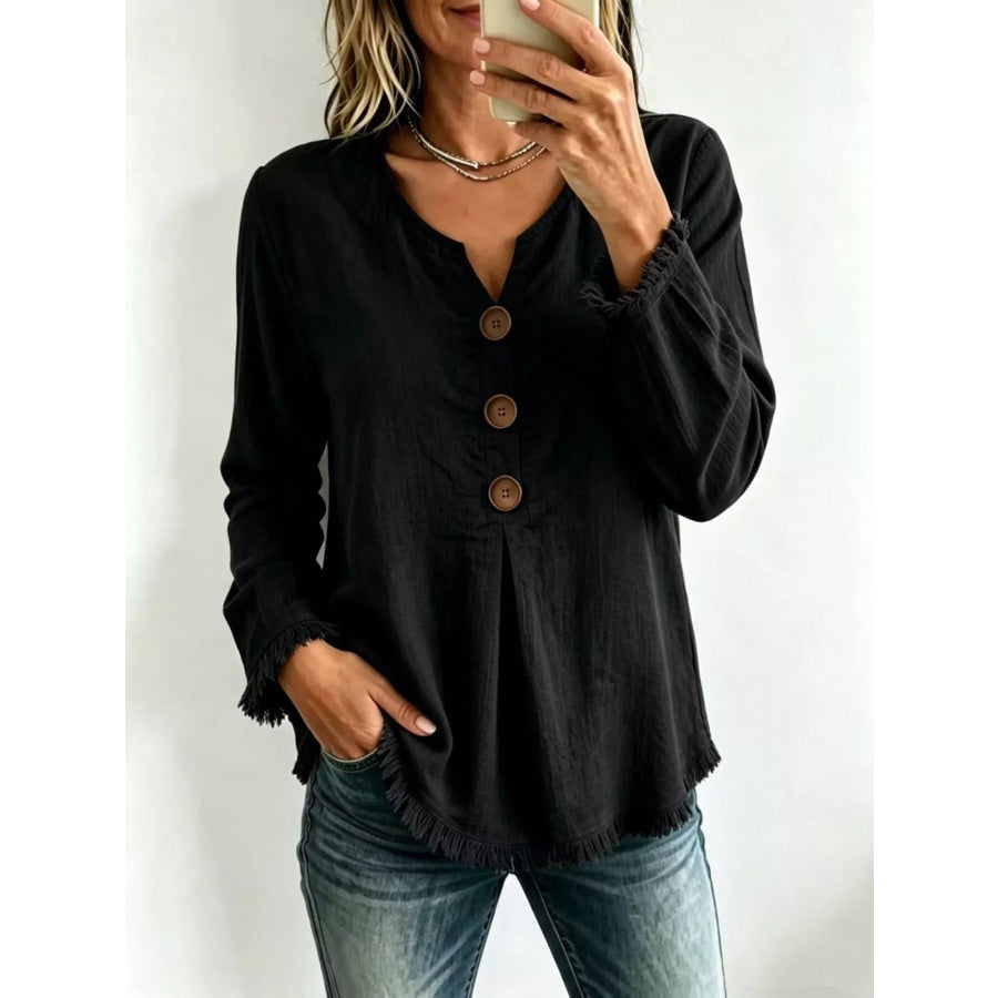 Full Size Frayed Hem Long Sleeve Blouse Plus Black / S Apparel and Accessories