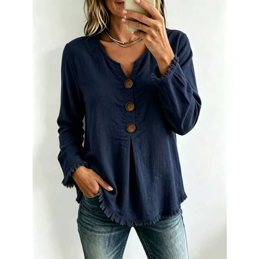 Full Size Frayed Hem Long Sleeve Blouse Plus Navy / S Apparel and Accessories