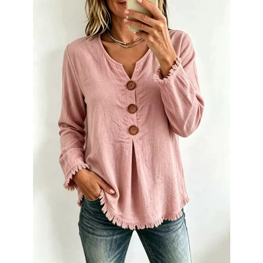 Full Size Frayed Hem Long Sleeve Blouse Plus Pink / S Apparel and Accessories