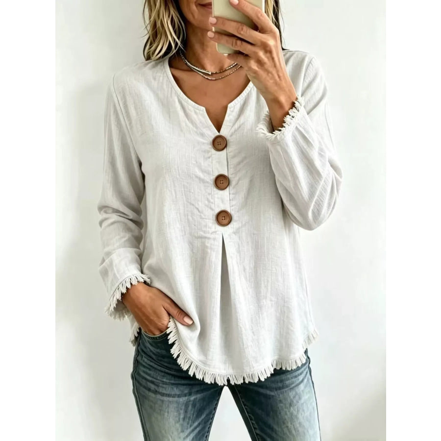 Full Size Frayed Hem Long Sleeve Blouse Plus White / S Apparel and Accessories