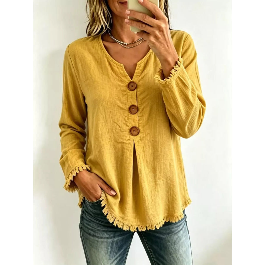 Full Size Frayed Hem Long Sleeve Blouse Plus Yellow / S Apparel and Accessories