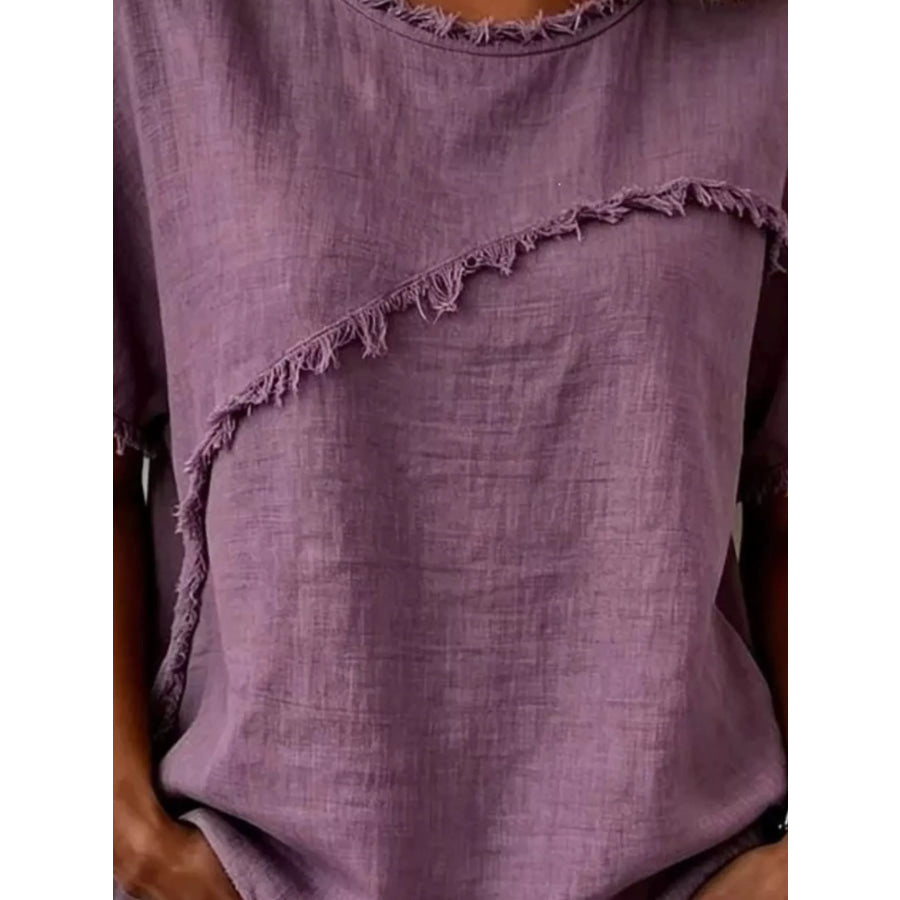 Full Size Frayed Hem Short Sleeve Top Plus Size Apparel and Accessories