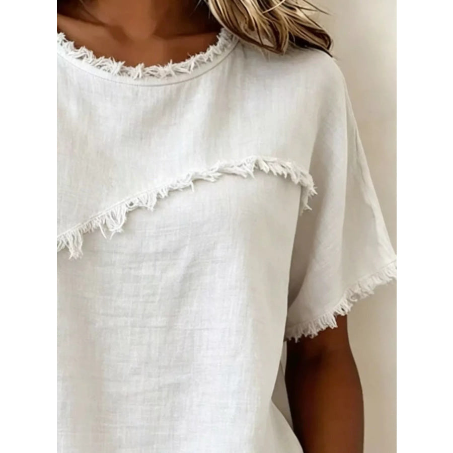 Full Size Frayed Hem Short Sleeve Top Plus Size Apparel and Accessories