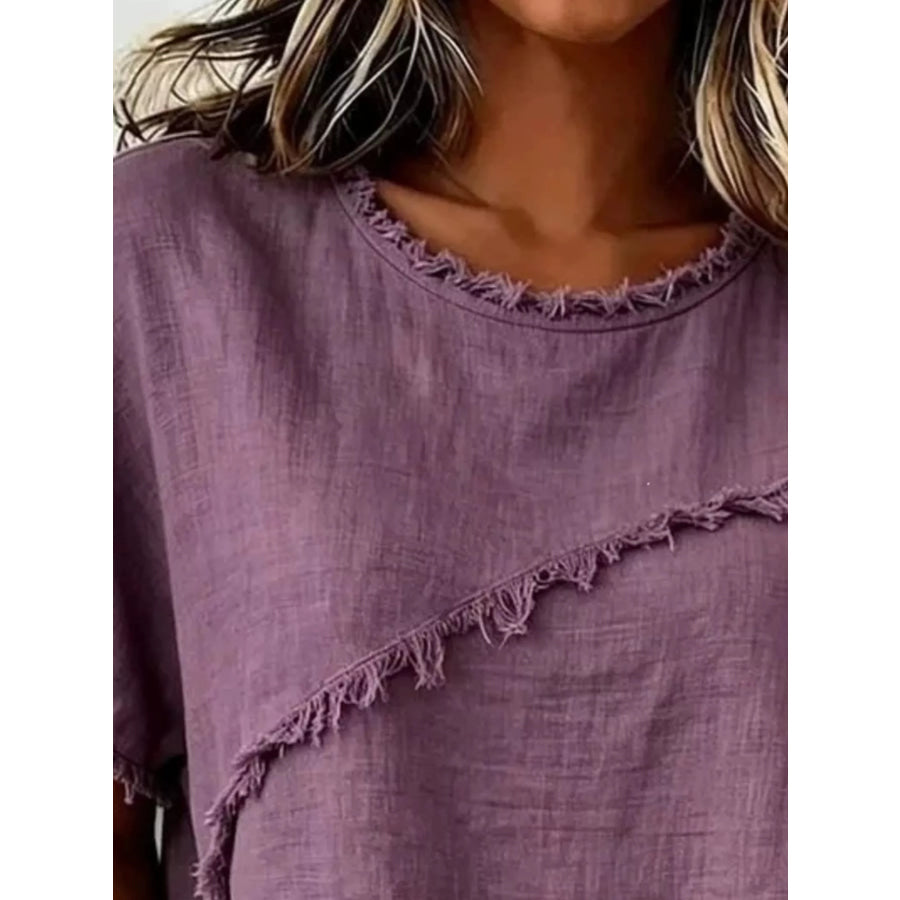 Full Size Frayed Hem Short Sleeve Top Plus Size Apparel and Accessories