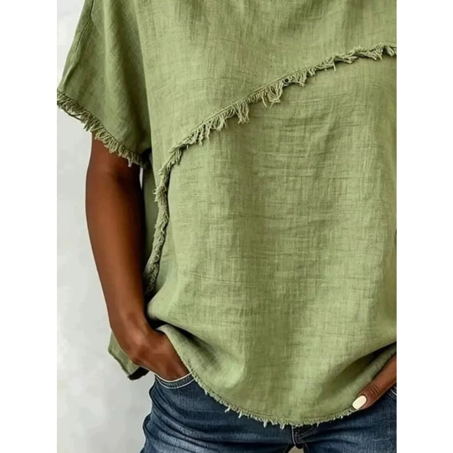 Full Size Frayed Hem Short Sleeve Top Plus Size Apparel and Accessories