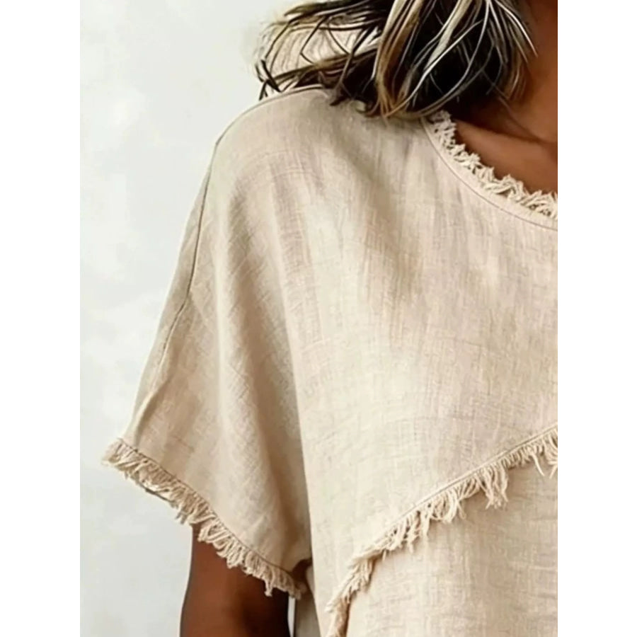 Full Size Frayed Hem Short Sleeve Top Plus Size Apparel and Accessories