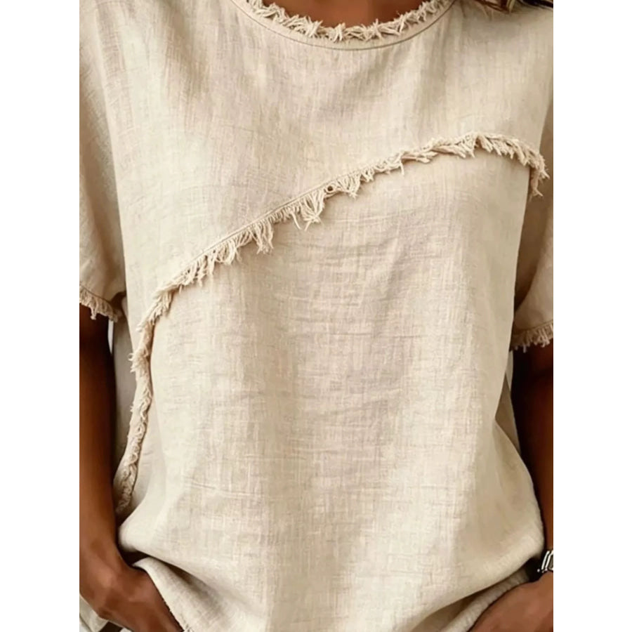 Full Size Frayed Hem Short Sleeve Top Plus Size Apparel and Accessories
