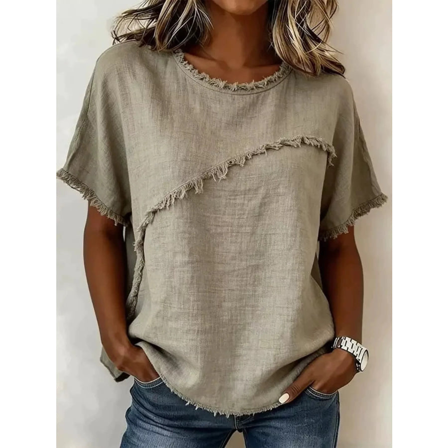 Full Size Frayed Hem Short Sleeve Top Plus Size Apricot / S Apparel and Accessories