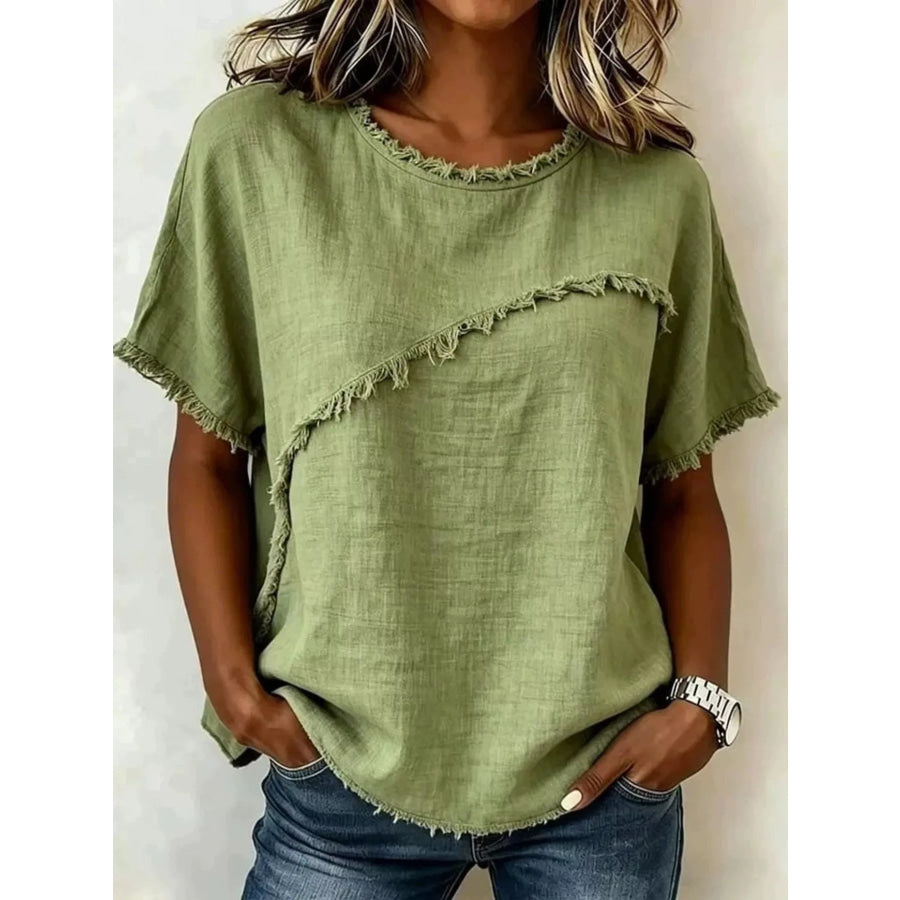 Full Size Frayed Hem Short Sleeve Top Plus Size Green / S Apparel and Accessories
