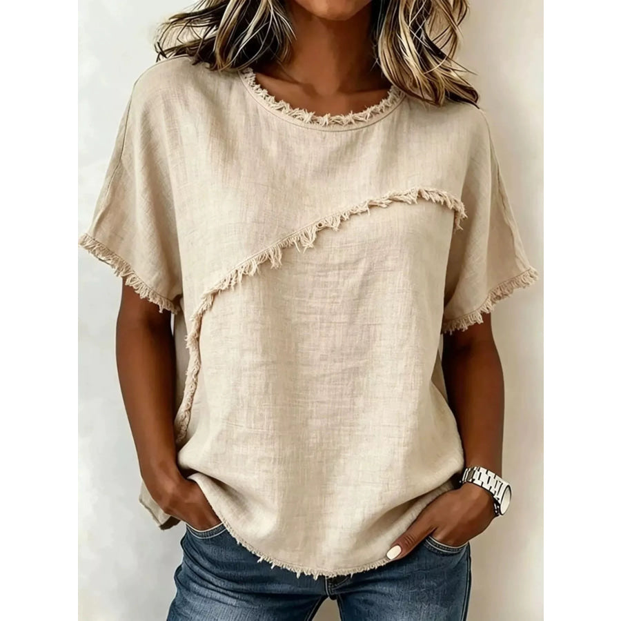 Full Size Frayed Hem Short Sleeve Top Plus Size Khaki / S Apparel and Accessories