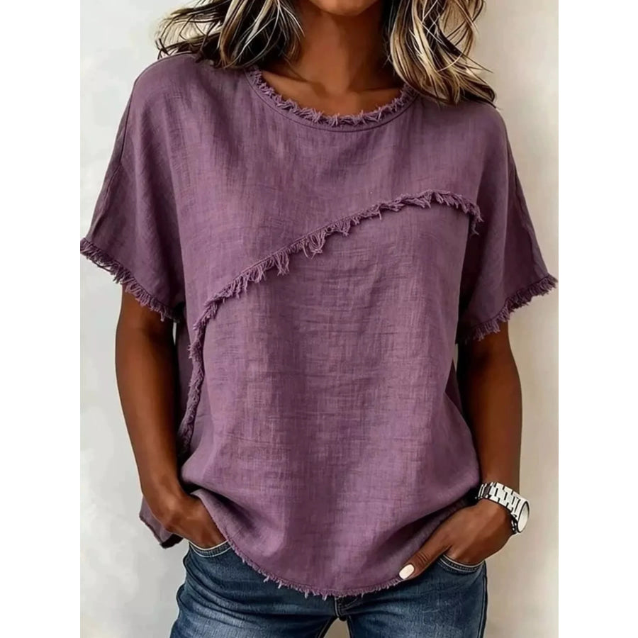 Full Size Frayed Hem Short Sleeve Top Plus Size Purple / S Apparel and Accessories