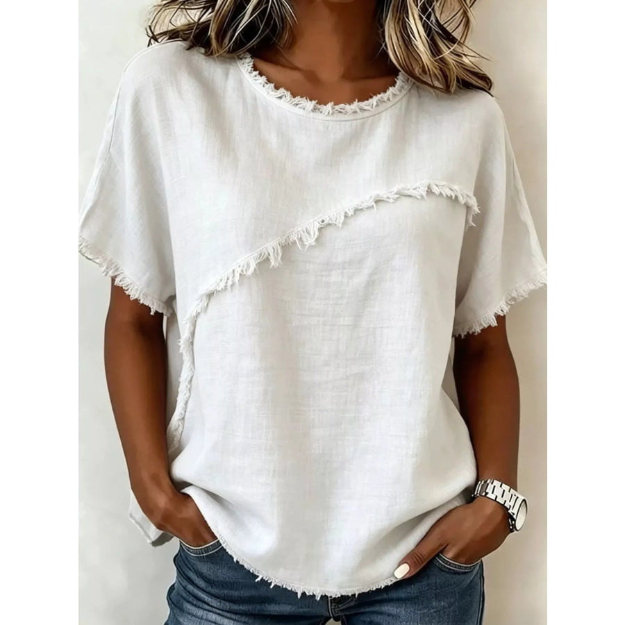Full Size Frayed Hem Short Sleeve Top Plus Size White / S Apparel and Accessories