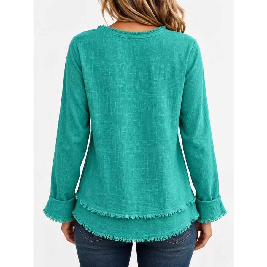 Full Size Frayed Hem V-Neck Blouse Plus Apparel and Accessories