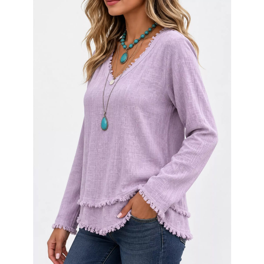 Full Size Frayed Hem V-Neck Blouse Plus Apparel and Accessories