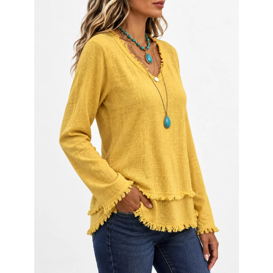Full Size Frayed Hem V-Neck Blouse Plus Apparel and Accessories