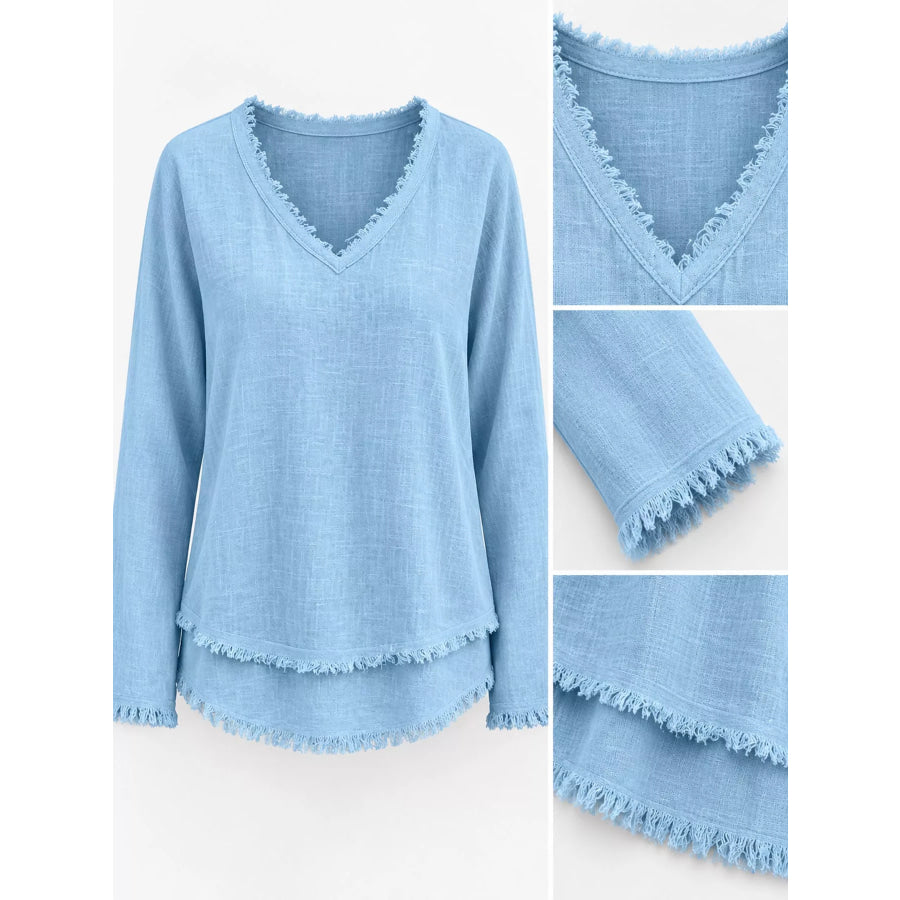 Full Size Frayed Hem V-Neck Blouse Plus Apparel and Accessories