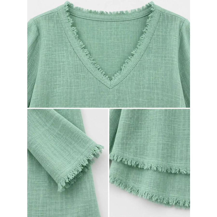 Full Size Frayed Hem V-Neck Blouse Plus Apparel and Accessories