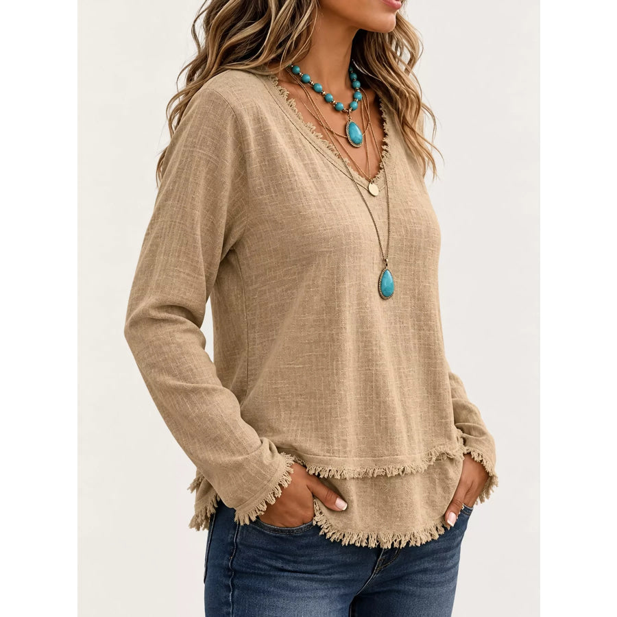 Full Size Frayed Hem V-Neck Blouse Plus Apparel and Accessories