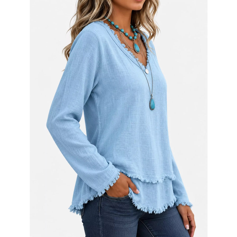 Full Size Frayed Hem V-Neck Blouse Plus Apparel and Accessories