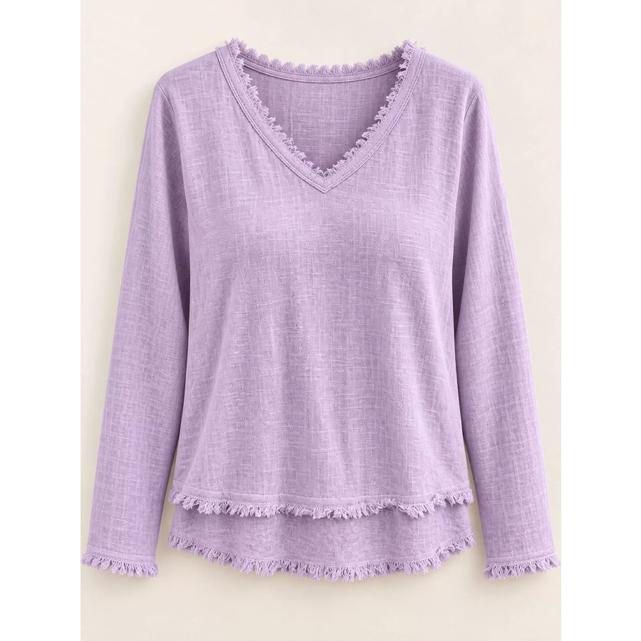 Full Size Frayed Hem V-Neck Blouse Plus Apparel and Accessories