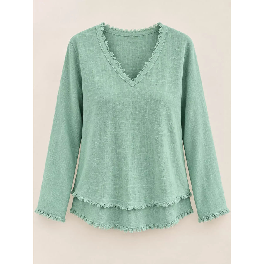 Full Size Frayed Hem V-Neck Blouse Plus Apparel and Accessories