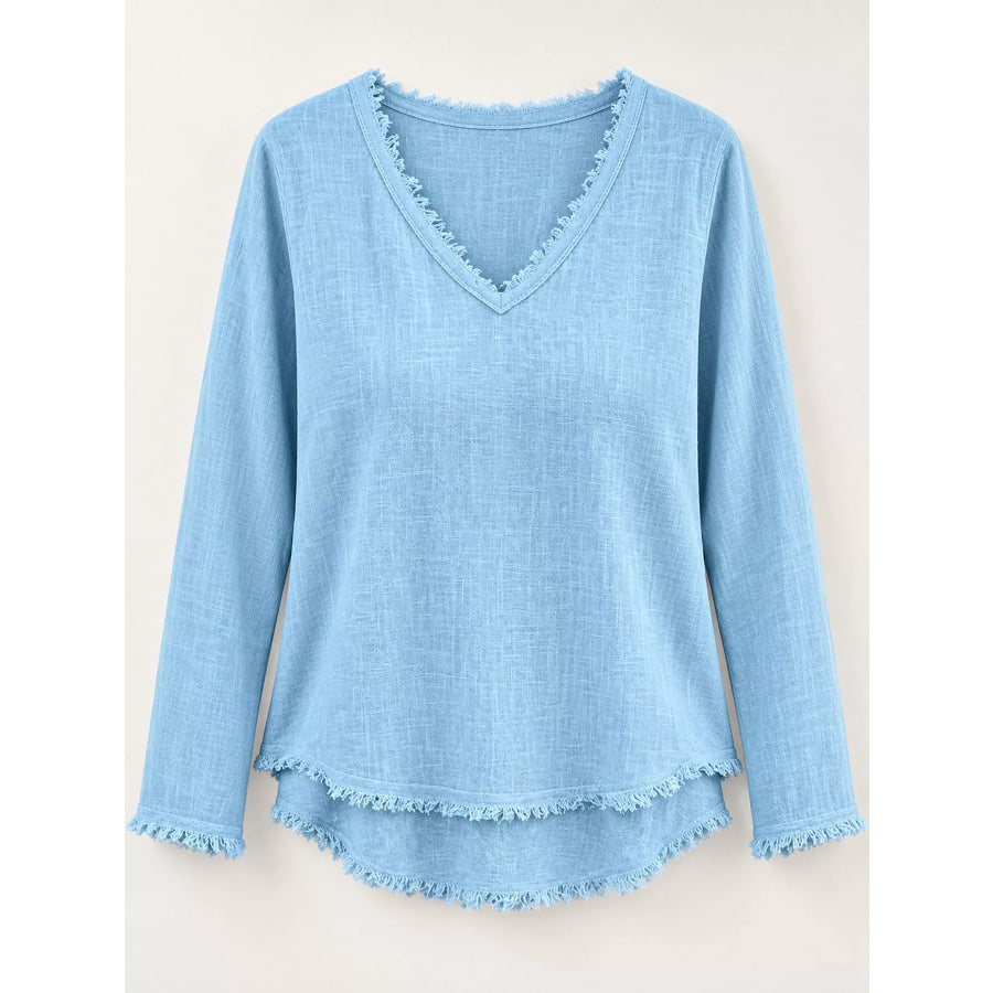 Full Size Frayed Hem V-Neck Blouse Plus Apparel and Accessories