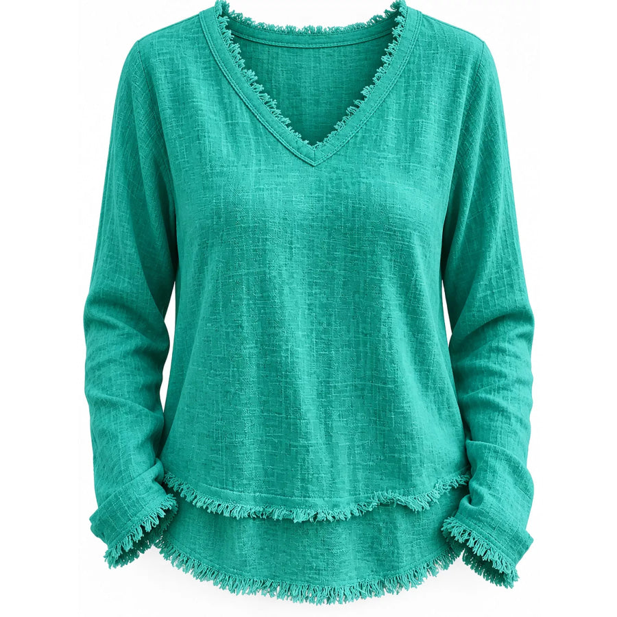 Full Size Frayed Hem V-Neck Blouse Plus Apparel and Accessories
