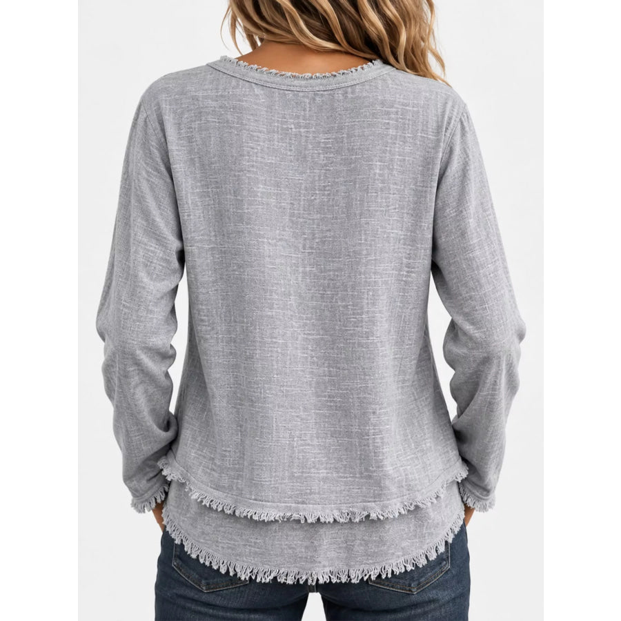 Full Size Frayed Hem V-Neck Blouse Plus Apparel and Accessories
