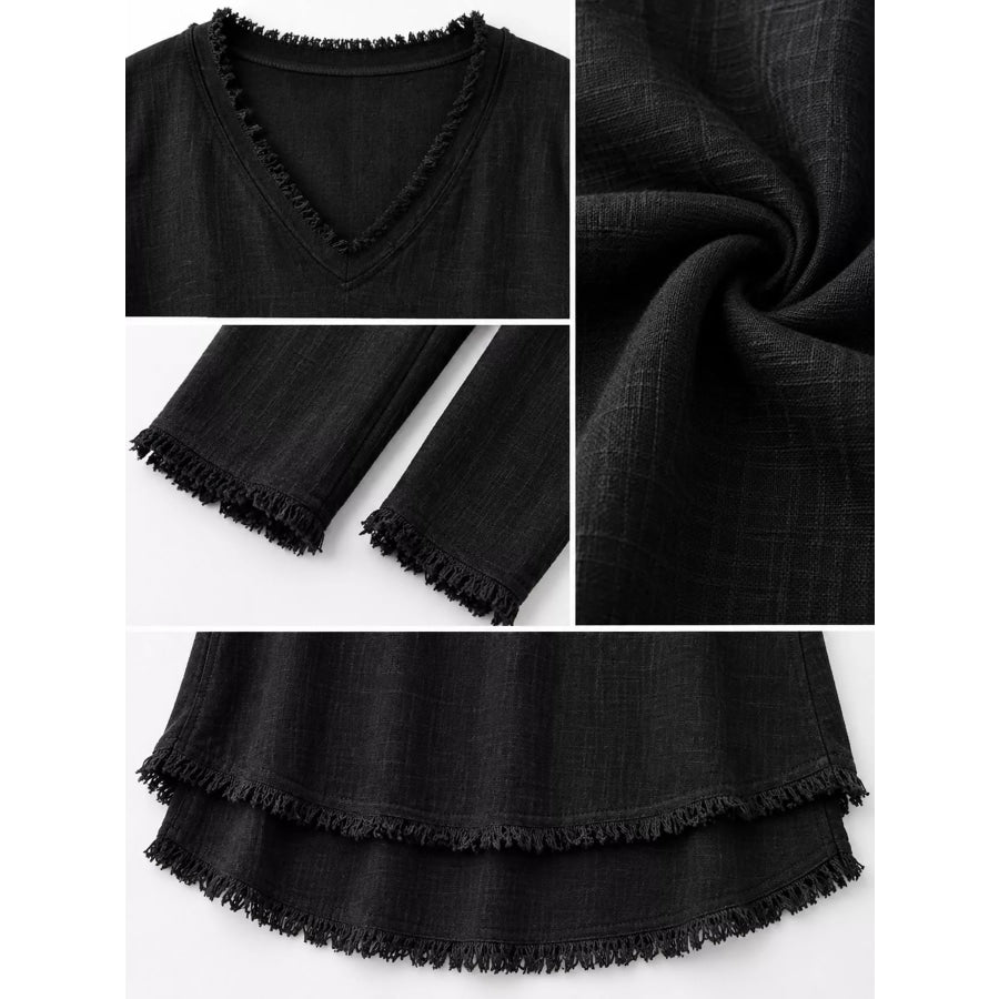Full Size Frayed Hem V-Neck Blouse Plus Apparel and Accessories