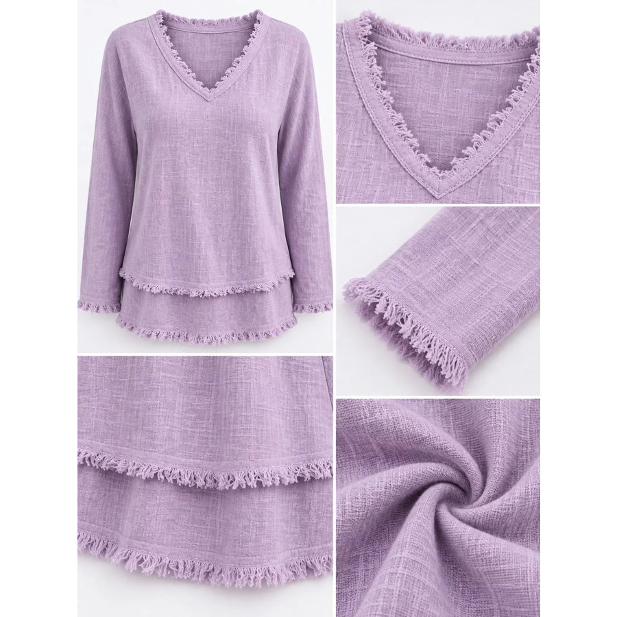 Full Size Frayed Hem V-Neck Blouse Plus Apparel and Accessories
