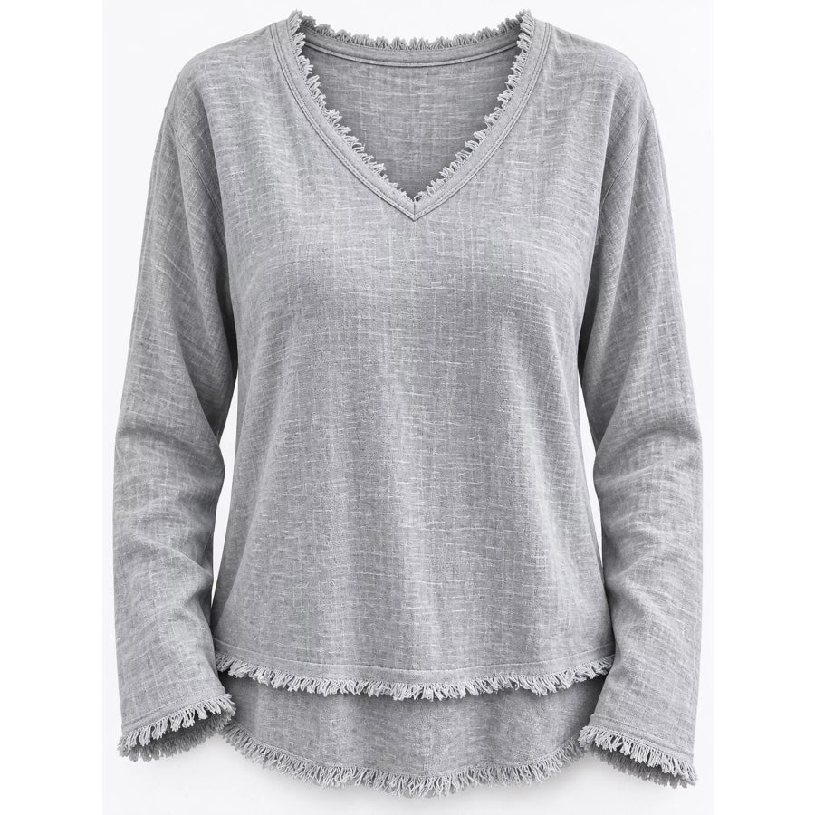 Full Size Frayed Hem V-Neck Blouse Plus Apparel and Accessories