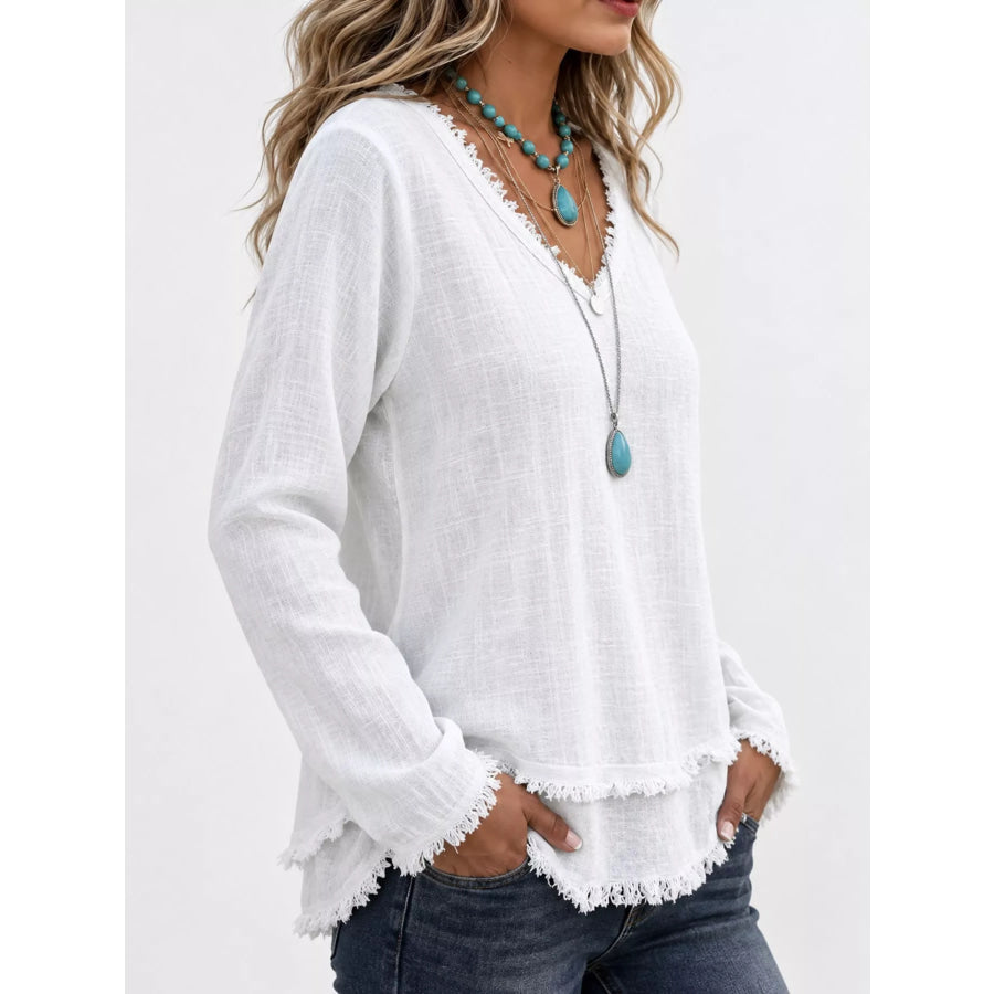 Full Size Frayed Hem V-Neck Blouse Plus Apparel and Accessories