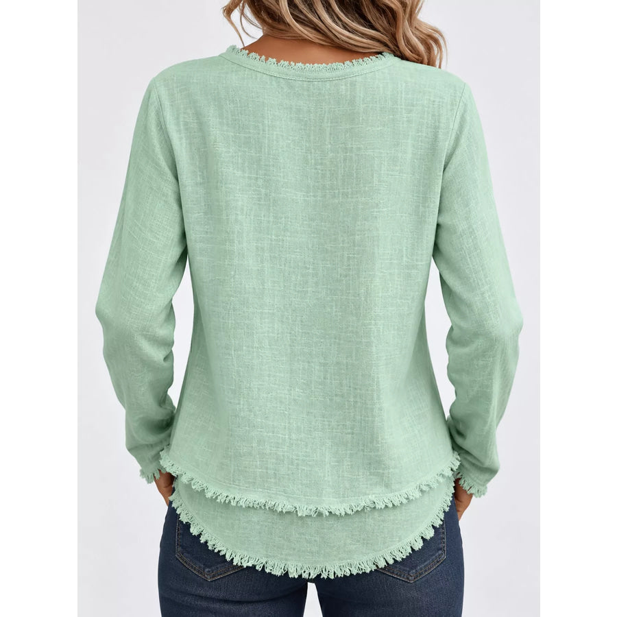Full Size Frayed Hem V-Neck Blouse Plus Apparel and Accessories