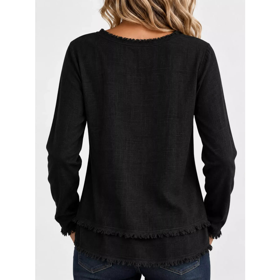 Full Size Frayed Hem V-Neck Blouse Plus Apparel and Accessories