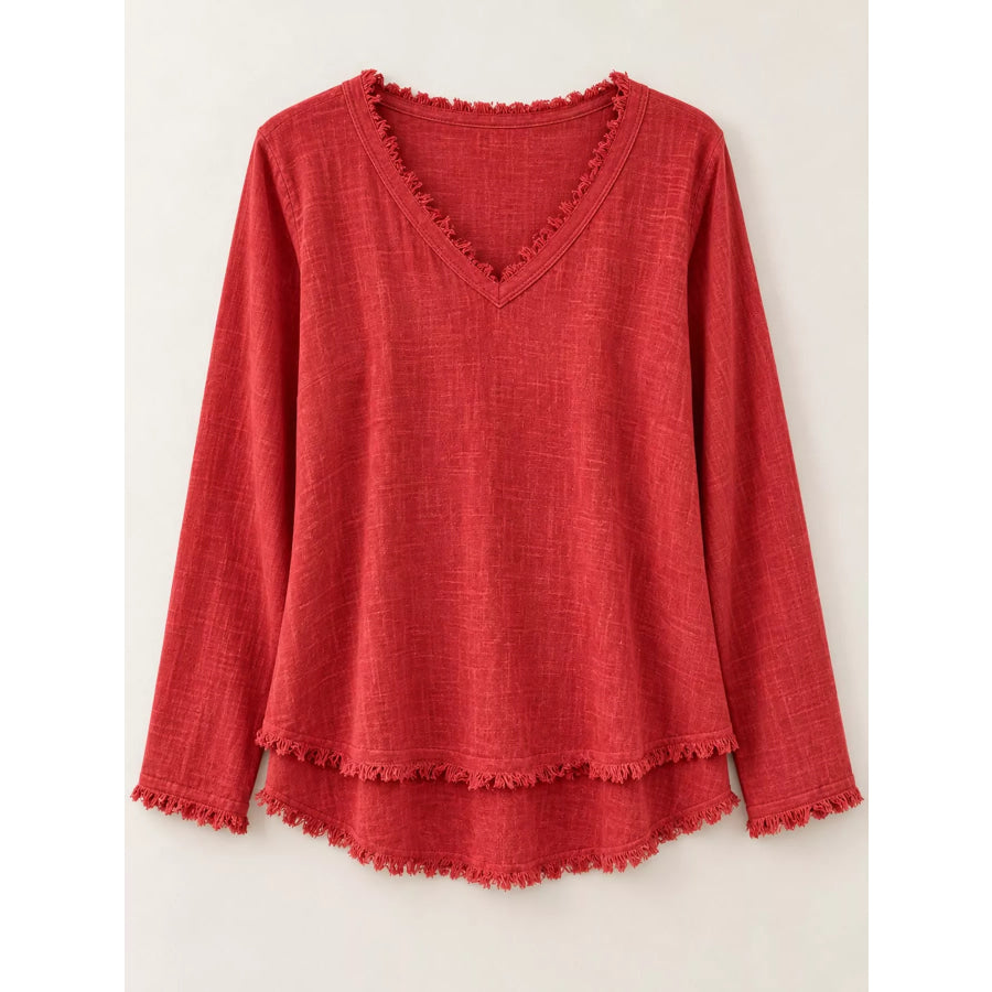 Full Size Frayed Hem V-Neck Blouse Plus Apparel and Accessories