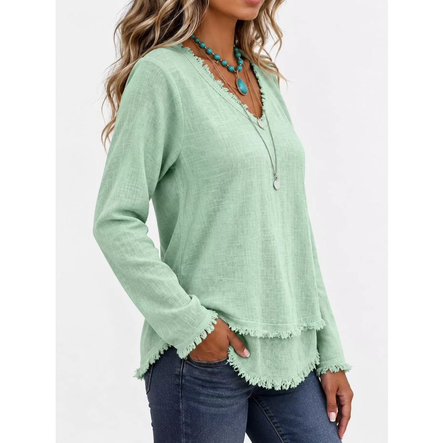 Full Size Frayed Hem V-Neck Blouse Plus Apparel and Accessories