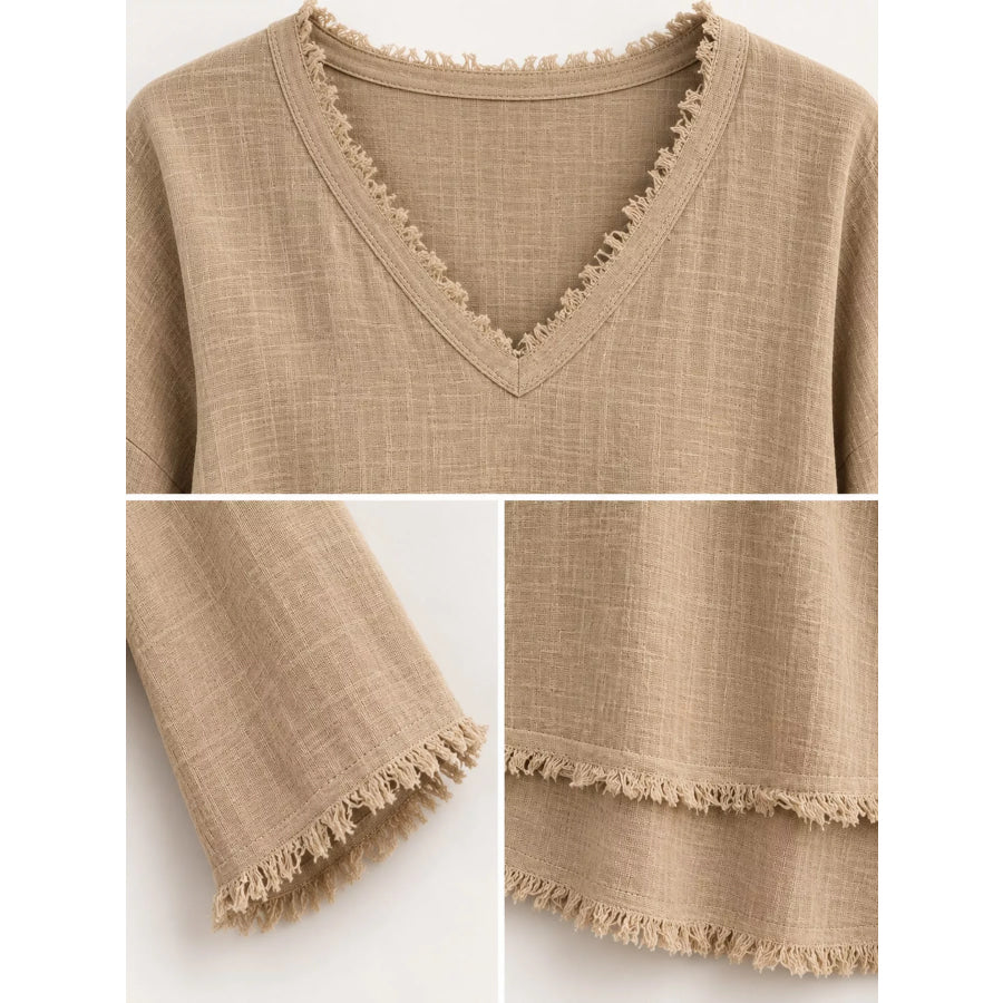 Full Size Frayed Hem V-Neck Blouse Plus Apparel and Accessories