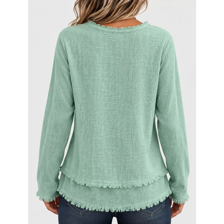 Full Size Frayed Hem V-Neck Blouse Plus Apparel and Accessories