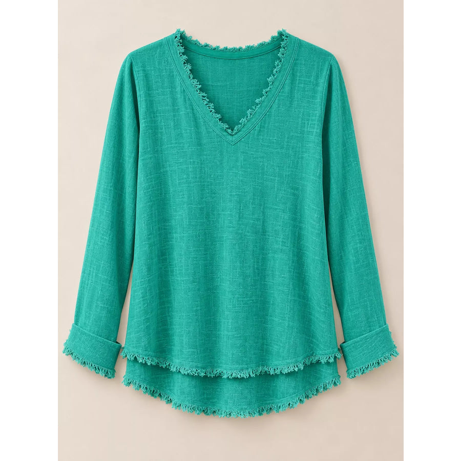 Full Size Frayed Hem V-Neck Blouse Plus Apparel and Accessories