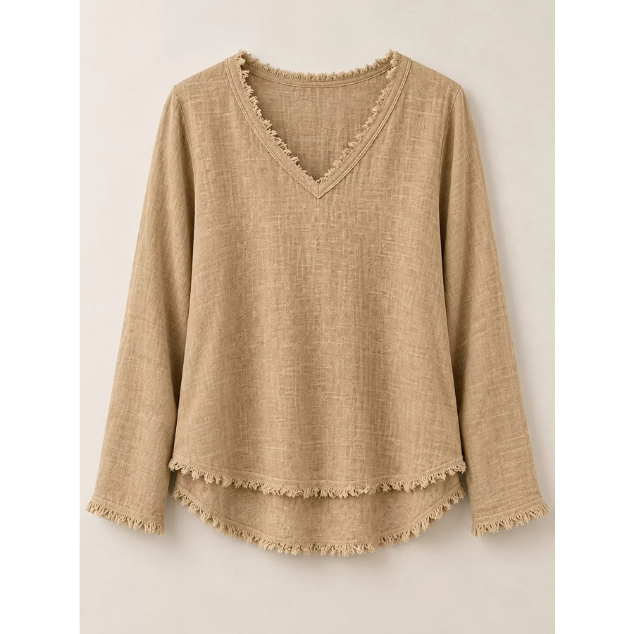 Full Size Frayed Hem V-Neck Blouse Plus Apparel and Accessories