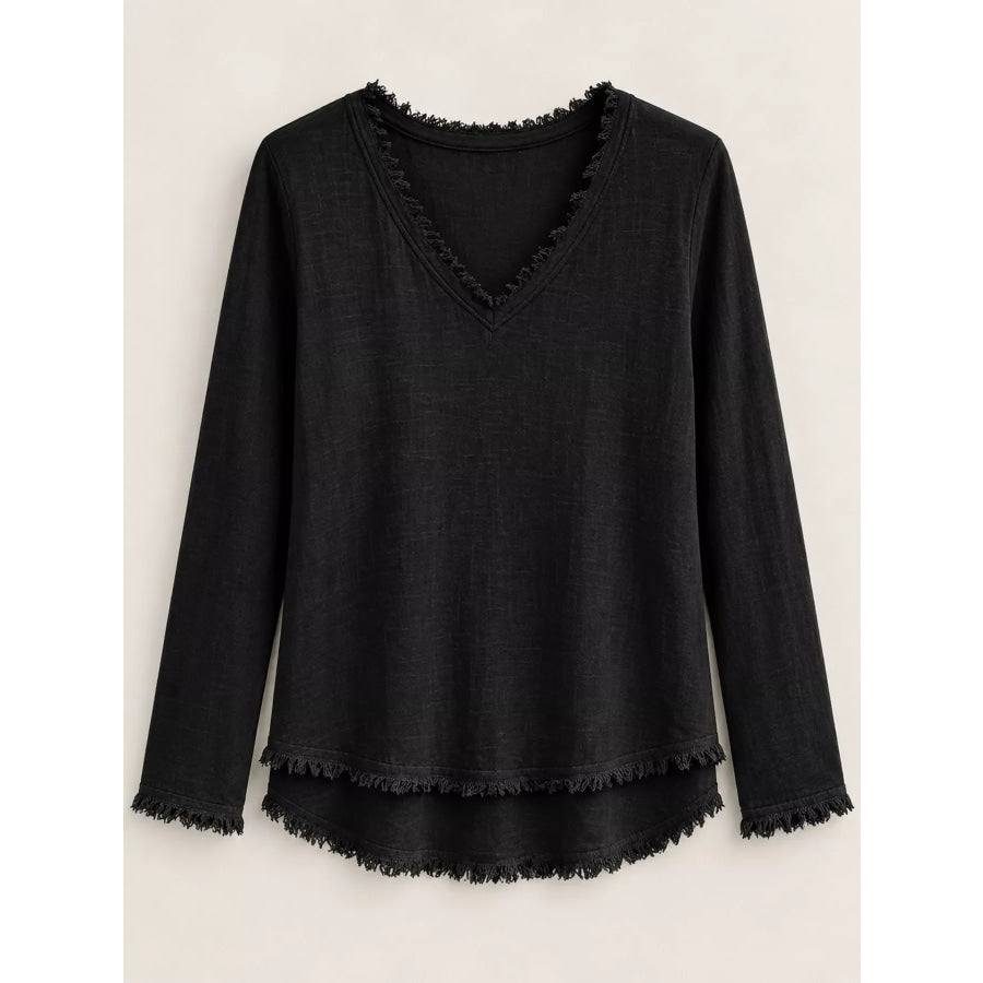 Full Size Frayed Hem V-Neck Blouse Plus Apparel and Accessories