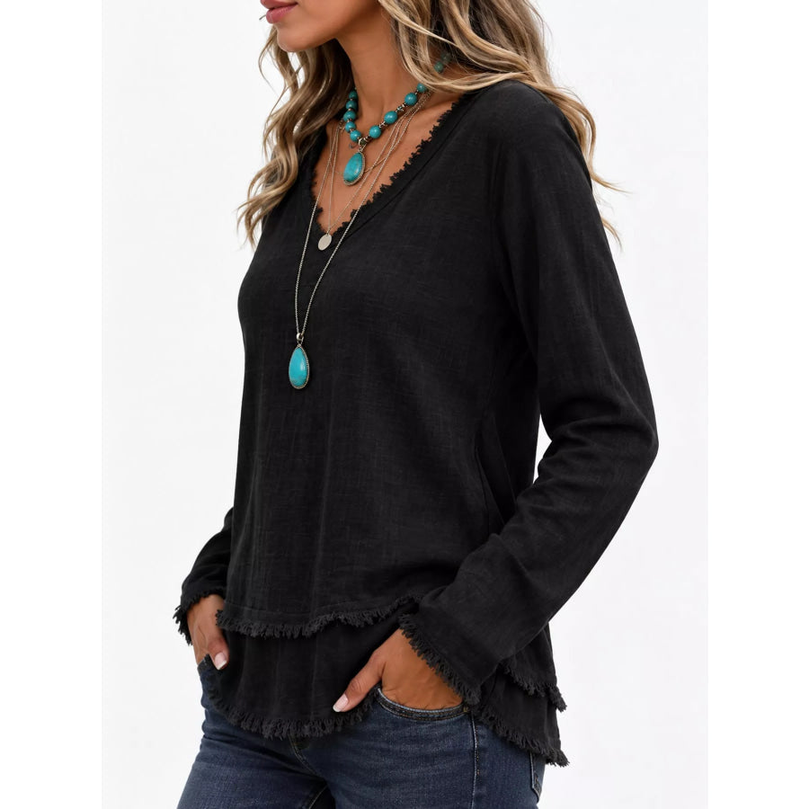 Full Size Frayed Hem V-Neck Blouse Plus Apparel and Accessories