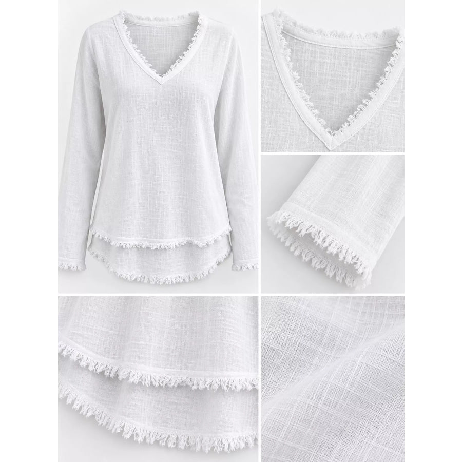 Full Size Frayed Hem V-Neck Blouse Plus Apparel and Accessories