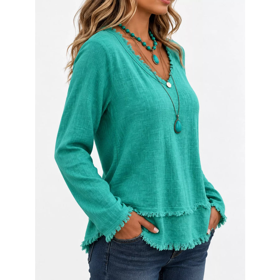 Full Size Frayed Hem V-Neck Blouse Plus Apparel and Accessories