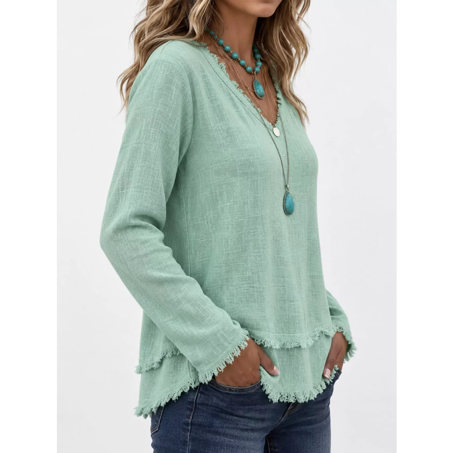 Full Size Frayed Hem V-Neck Blouse Plus Apparel and Accessories