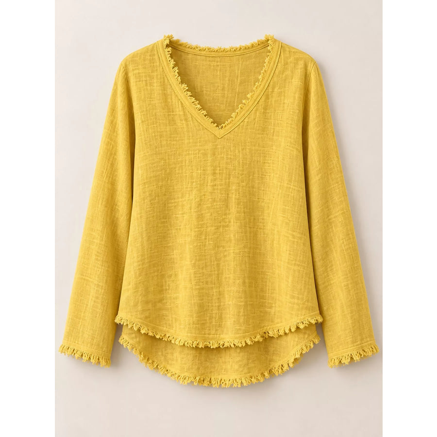 Full Size Frayed Hem V-Neck Blouse Plus Apparel and Accessories