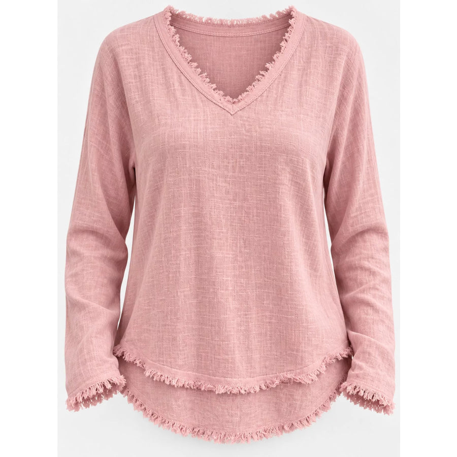 Full Size Frayed Hem V-Neck Blouse Plus Apparel and Accessories