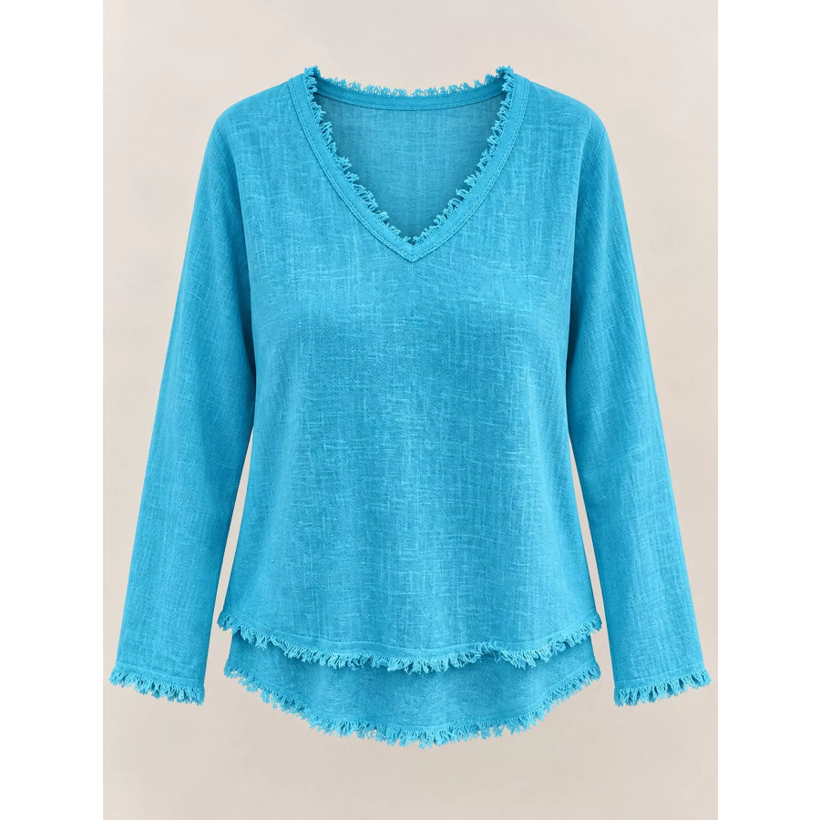 Full Size Frayed Hem V-Neck Blouse Plus Apparel and Accessories